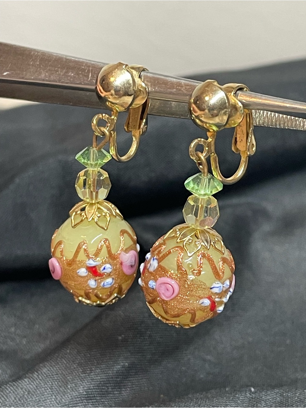 Vintage Wedding Cake Glass Beaded Clip-On Drop Earrings